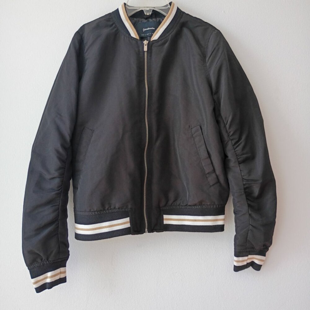 Stradivarius Bomber Jacket Black with Striped Trim | Size S
